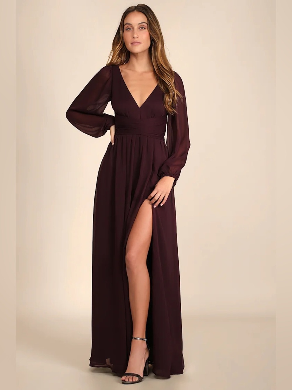 Lulus Enchant My Love Dark Purple V-Neck Long Sleeve Maxi Evening Dress Sz S NWT